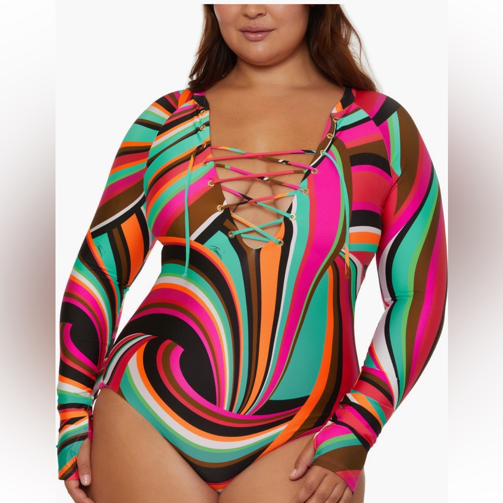 Trina Turk Lace-Up Long Sleeve One Piece Swimsuit Pink Multi Sizes S And M